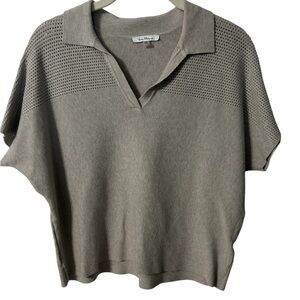 Vila Milano Women’s Collared Short Sleeve Mesh Detail Gray Sweater Blouse Sz Med